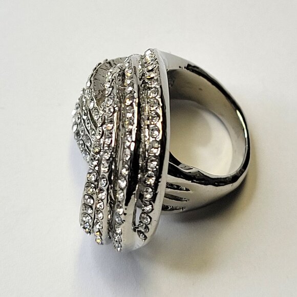 Silver Crystal Rhinestones Ring Wide Criss Cross Over Size 4.75 - Picture 7 of 12